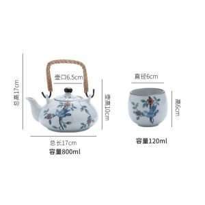 Antique Porcelain Hand-painted Bird And Flower Japanese Teapot Set With Rattan Woven Bamboo Handle