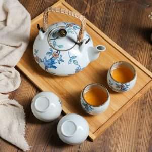 Antique Porcelain Hand-painted Bird And Flower Japanese Teapot Set With Rattan Woven Bamboo Handle