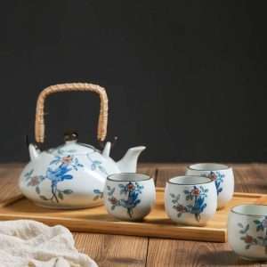 Antique Porcelain Hand-painted Bird And Flower Japanese Teapot Set With Rattan Woven Bamboo Handle