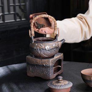 11.8 Fl Oz Black High Mountain Rough Pottery Teapot And Warmer