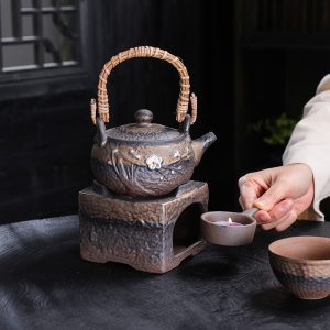11.8 Fl Oz Black High Mountain Rough Pottery Teapot And Warmer