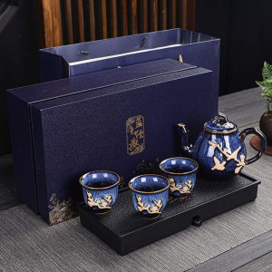 10.1 Fl Oz/300 Ml Embossed Plum Ceramic Chinese Blue Teapot And Cup Set