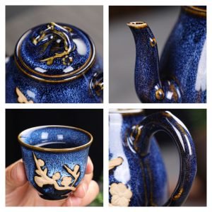 10.1 Fl Oz/300 Ml Embossed Plum Ceramic Chinese Blue Teapot And Cup Set