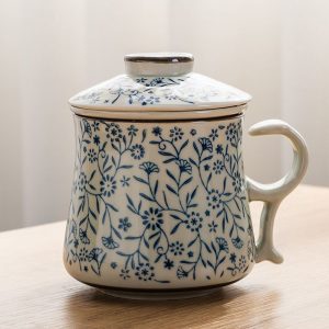 11.8 Fl Oz/350 Ml Blue And White Porcelain Vintage Chinese Tea Mug With Lid And Ceramic Infuser