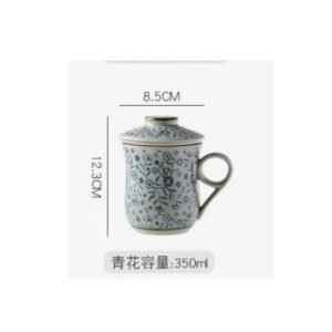 11.8 Fl Oz/350 Ml Blue And White Porcelain Vintage Chinese Tea Mug With Lid And Ceramic Infuser