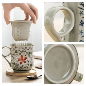 11.8 Fl Oz/350 Ml Blue And White Porcelain Vintage Chinese Tea Mug With Lid And Ceramic Infuser