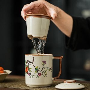 15.2 Fl Oz Colorful Antique Chinese Traditional Ceramic Tea Cups And Chawan Set With Lid And Ceramic Infuser