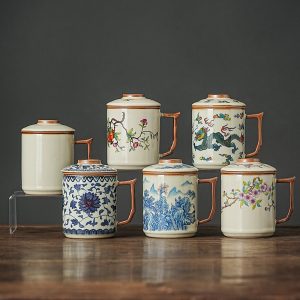 15.2 Fl Oz Colorful Antique Chinese Traditional Ceramic Tea Cups And Chawan Set With Lid And Ceramic Infuser