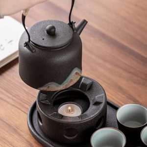 11.8 Fl Oz Black High Mountain Rough Pottery Teapot And Warmer