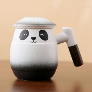 12.5 Fl Oz/370 Ml Creative Panda Ceramic Chinese Tea Cup With Handle And Ceramic Strainer