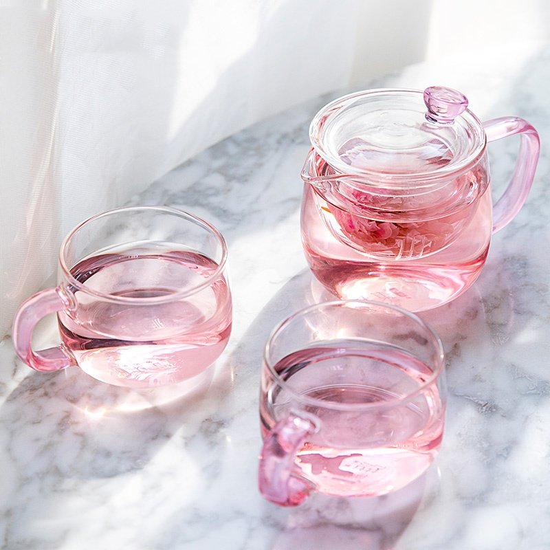 12.8 Fl Oz Pink Small Glass Teapot And Cups With Infuser For Blooming Tea 12.8 Fl Oz Pink Small Glass Teapot And Cups With Infuser For Blooming Tea