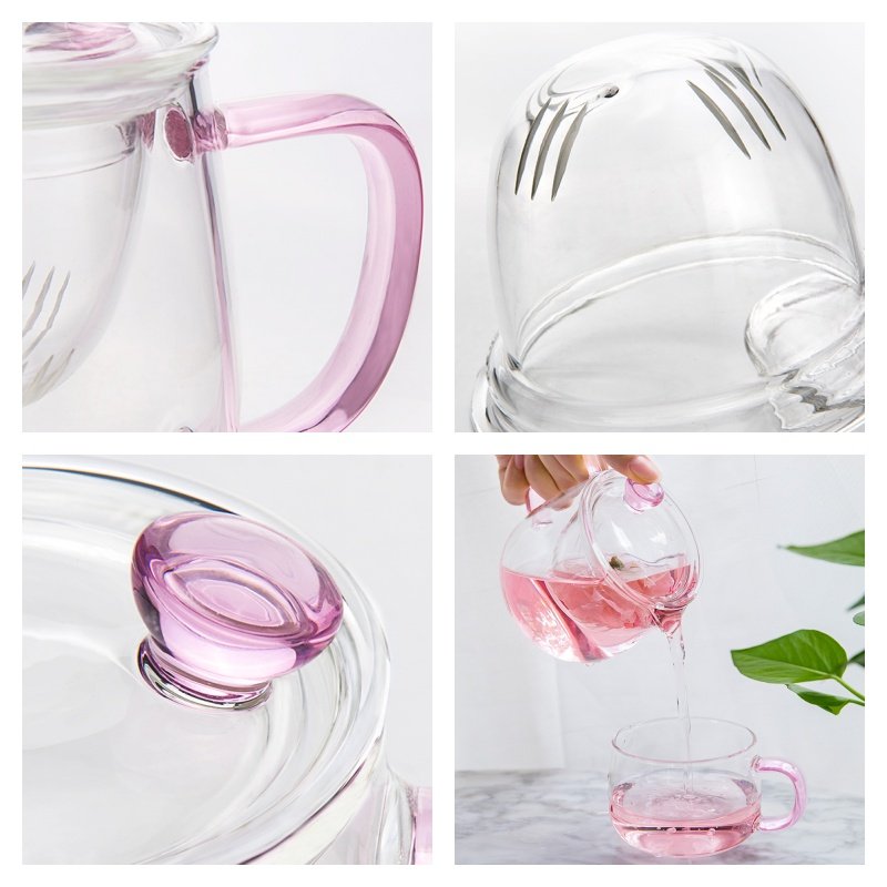 12.8 Fl Oz Pink Small Glass Teapot And Cups With Infuser For Blooming Tea 12.8 Fl Oz Pink Small Glass Teapot And Cups With Infuser For Blooming Tea
