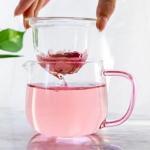 12.8 Fl Oz Pink Small Glass Teapot And Cups With Infuser For Blooming Tea