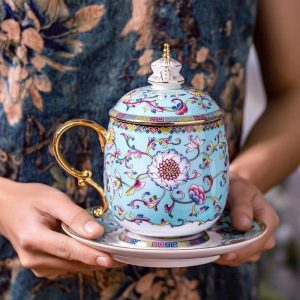 14.2 Fl Oz/420 Ml Forbidden City Traditional Enamel Chinese Ceramic Cups For Tea With Ceramic Infuser And Lid