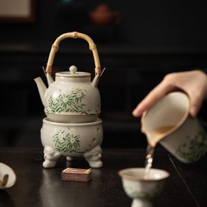 11.8 Fl Oz Black High Mountain Rough Pottery Teapot And Warmer