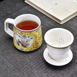 15.2 Fl Oz Colorful Antique Chinese Traditional Ceramic Tea Cups And Chawan Set With Lid And Ceramic Infuser