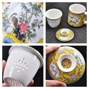 15.2 Fl Oz Colorful Antique Chinese Traditional Ceramic Tea Cups And Chawan Set With Lid And Ceramic Infuser