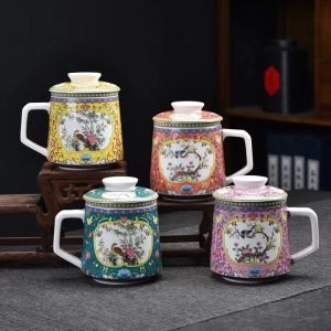 15.2 Fl Oz Colorful Antique Chinese Traditional Ceramic Tea Cups And Chawan Set With Lid And Ceramic Infuser