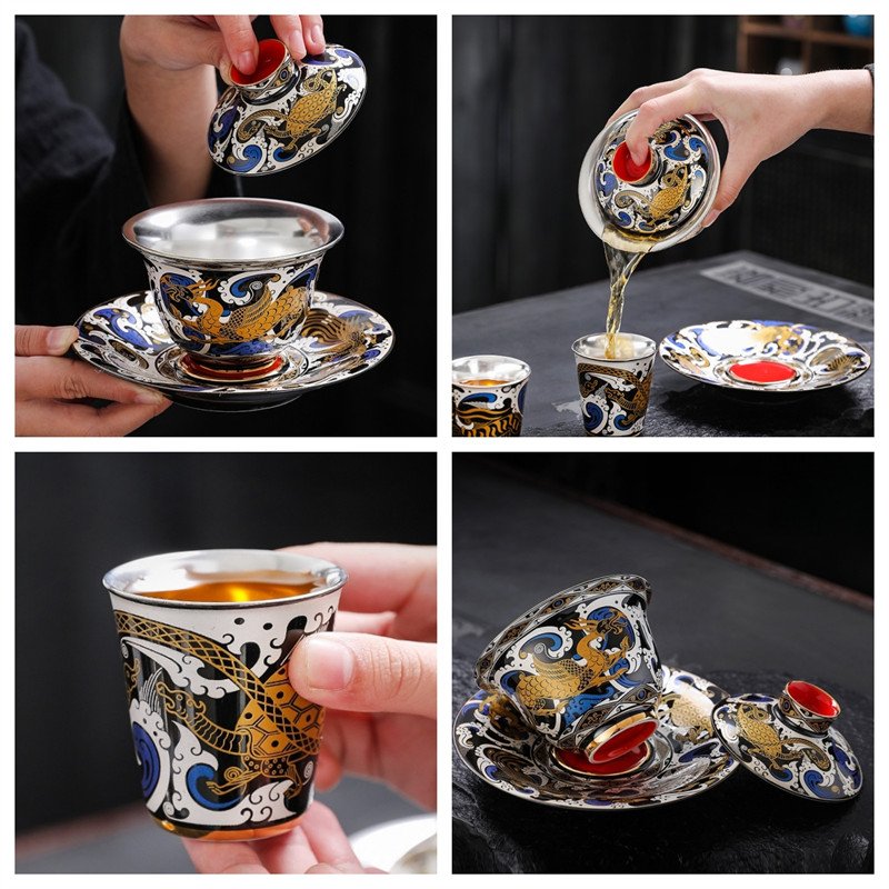 5.07fl Oz/150ml Four Auspicious Beasts Themed Fine Silver Glaze Ceramic Gaiwan Tea Set 5.07fl Oz/150ml Four Auspicious Beasts Themed Fine Silver Glaze Ceramic Gaiwan Tea Set