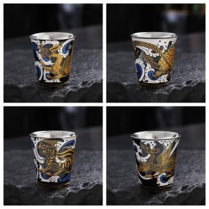 5.07fl Oz/150ml Four Auspicious Beasts Themed Fine Silver Glaze Ceramic Gaiwan Tea Set