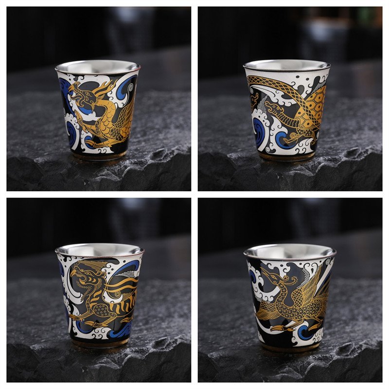 5.07fl Oz/150ml Four Auspicious Beasts Themed Fine Silver Glaze Ceramic Gaiwan Tea Set 5.07fl Oz/150ml Four Auspicious Beasts Themed Fine Silver Glaze Ceramic Gaiwan Tea Set