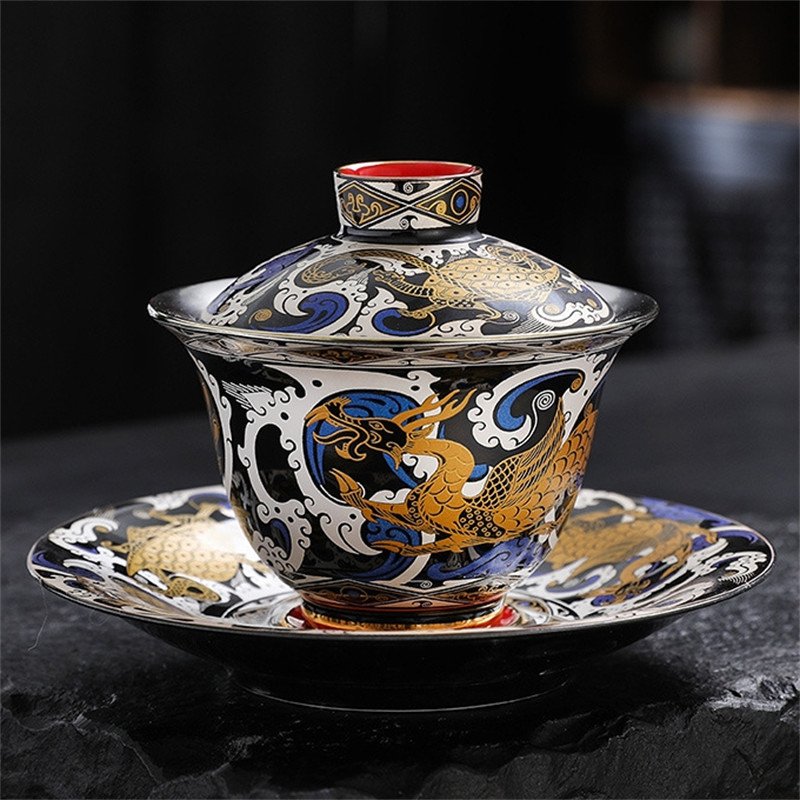 5.07fl Oz/150ml Four Auspicious Beasts Themed Fine Silver Glaze Ceramic Gaiwan Tea Set 5.07fl Oz/150ml Four Auspicious Beasts Themed Fine Silver Glaze Ceramic Gaiwan Tea Set