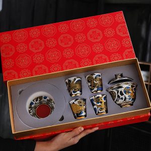 5.07fl Oz/150ml Four Auspicious Beasts Themed Fine Silver Glaze Ceramic Gaiwan Tea Set