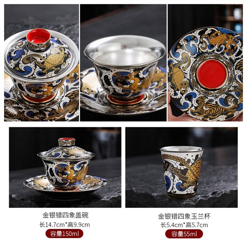 5.07fl Oz/150ml Four Auspicious Beasts Themed Fine Silver Glaze Ceramic Gaiwan Tea Set 5.07fl Oz/150ml Four Auspicious Beasts Themed Fine Silver Glaze Ceramic Gaiwan Tea Set