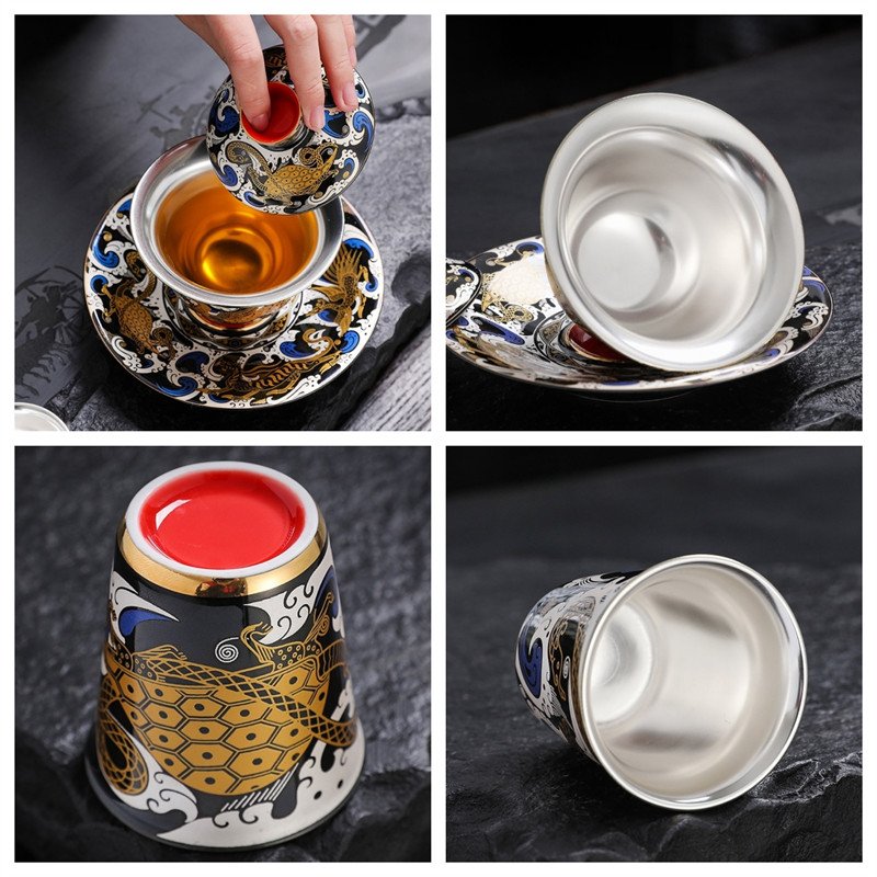 5.07fl Oz/150ml Four Auspicious Beasts Themed Fine Silver Glaze Ceramic Gaiwan Tea Set 5.07fl Oz/150ml Four Auspicious Beasts Themed Fine Silver Glaze Ceramic Gaiwan Tea Set
