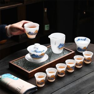 5.07fl Oz/150ml Gold Inlay The Great Wall Pattern Ultra-thin Ice Jade Porcelain Gaiwan Tea Set