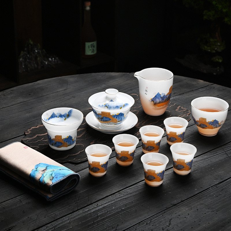 5.07fl Oz/150ml Gold Inlay The Great Wall Pattern Ultra-thin Ice Jade Porcelain Gaiwan Tea Set 5.07fl Oz/150ml Gold Inlay The Great Wall Pattern Ultra-thin Ice Jade Porcelain Gaiwan Tea Set