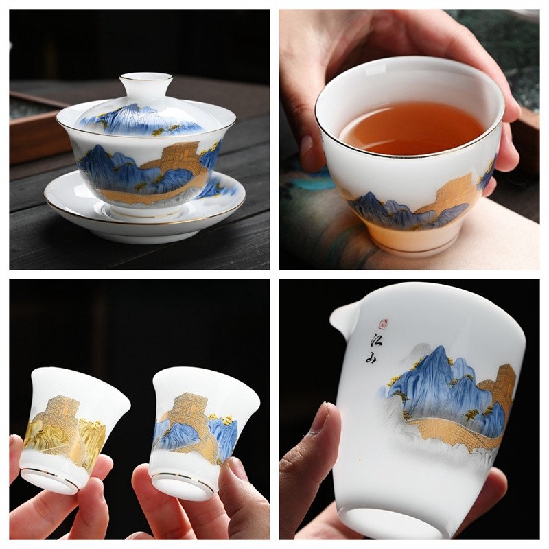 5.07fl Oz/150ml Gold Inlay The Great Wall Pattern Ultra-thin Ice Jade Porcelain Gaiwan Tea Set 5.07fl Oz/150ml Gold Inlay The Great Wall Pattern Ultra-thin Ice Jade Porcelain Gaiwan Tea Set