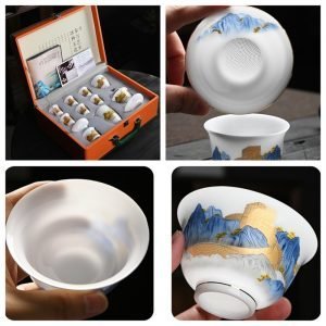 5.07fl Oz/150ml Gold Inlay The Great Wall Pattern Ultra-thin Ice Jade Porcelain Gaiwan Tea Set