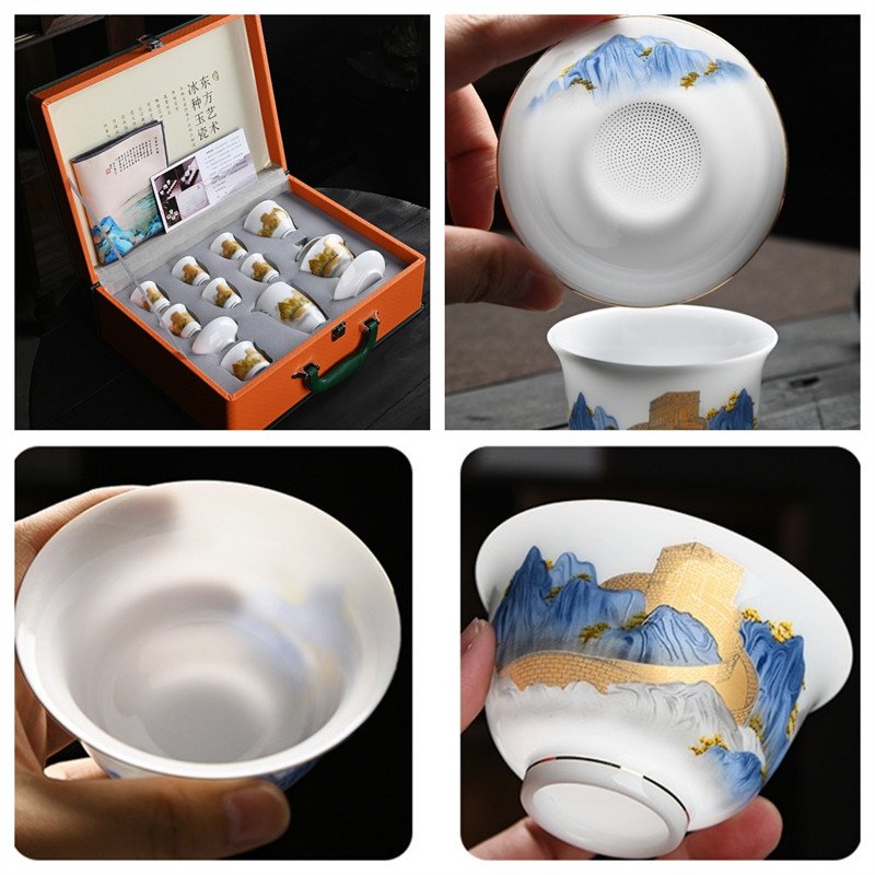 5.07fl Oz/150ml Gold Inlay The Great Wall Pattern Ultra-thin Ice Jade Porcelain Gaiwan Tea Set 5.07fl Oz/150ml Gold Inlay The Great Wall Pattern Ultra-thin Ice Jade Porcelain Gaiwan Tea Set