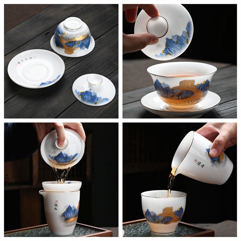 5.07fl Oz/150ml Gold Inlay The Great Wall Pattern Ultra-thin Ice Jade Porcelain Gaiwan Tea Set 5.07fl Oz/150ml Gold Inlay The Great Wall Pattern Ultra-thin Ice Jade Porcelain Gaiwan Tea Set