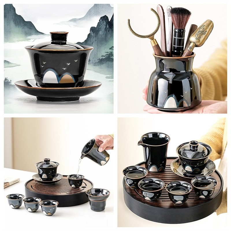 4.39fl Oz/130ml Wild Goose Pattern Black Glaze Porcelain Gaiwan Tea Set 4.39fl Oz/130ml Wild Goose Pattern Black Glaze Porcelain Gaiwan Tea Set