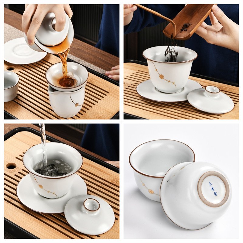 6.76fl Oz/200ml Golden Ginkgo Leaf Pattern White Porcelain Gaiwan Tea Set 6.76fl Oz/200ml Golden Ginkgo Leaf Pattern White Porcelain Gaiwan Tea Set