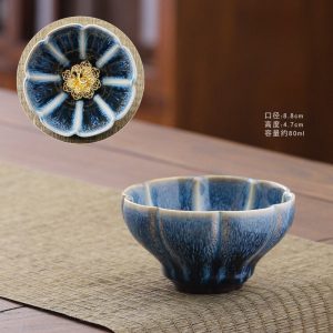 4.4 Fl Oz/130 Ml Peacock And Lotus Golden Gilded Jian Zhan Ceramic Teacups