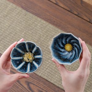 4.4 Fl Oz/130 Ml Peacock And Lotus Golden Gilded Jian Zhan Ceramic Teacups