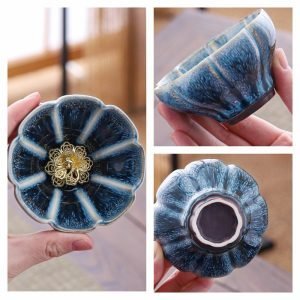 4.4 Fl Oz/130 Ml Peacock And Lotus Golden Gilded Jian Zhan Ceramic Teacups