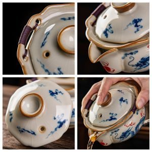 6.76fl Oz/200ml Flying Blue Dragon Ru Kiln Porcelain Easy Gaiwan Tea Set