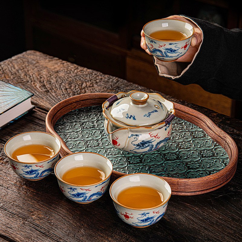 6.76fl Oz/200ml Flying Blue Dragon Ru Kiln Porcelain Easy Gaiwan Tea Set 6.76fl Oz/200ml Flying Blue Dragon Ru Kiln Porcelain Easy Gaiwan Tea Set