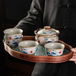 6.76fl Oz/200ml Flying Blue Dragon Ru Kiln Porcelain Easy Gaiwan Tea Set