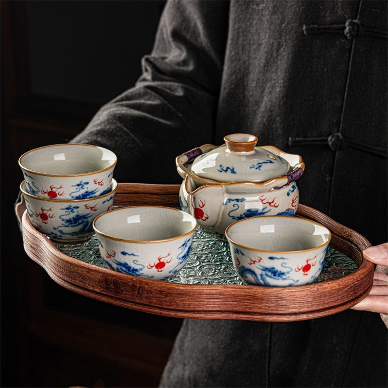6.76fl Oz/200ml Flying Blue Dragon Ru Kiln Porcelain Easy Gaiwan Tea Set 6.76fl Oz/200ml Flying Blue Dragon Ru Kiln Porcelain Easy Gaiwan Tea Set