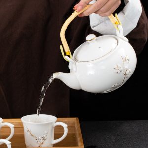 22.3 Fl Oz/660 Ml White Porcelain Chinese Embossed Plum Teapot With Bamboo Handle Set