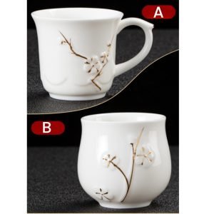 22.3 Fl Oz/660 Ml White Porcelain Chinese Embossed Plum Teapot With Bamboo Handle Set