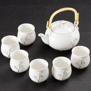 22.3 Fl Oz/660 Ml White Porcelain Chinese Embossed Plum Teapot With Bamboo Handle Set