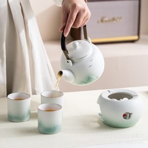 25.3 Fl Oz/750 Ml Celadon And White Porcelain Chinese Teapot And Cup Set