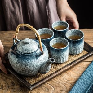 8.1 Fl Oz/240 Ml Antique Blue Ice Crackle Glaze Chinese Teapot And Cup Porcelain Set