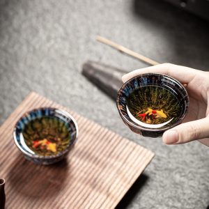 4.4 Fl Oz/130 Ml Peacock And Lotus Golden Gilded Jian Zhan Ceramic Teacups